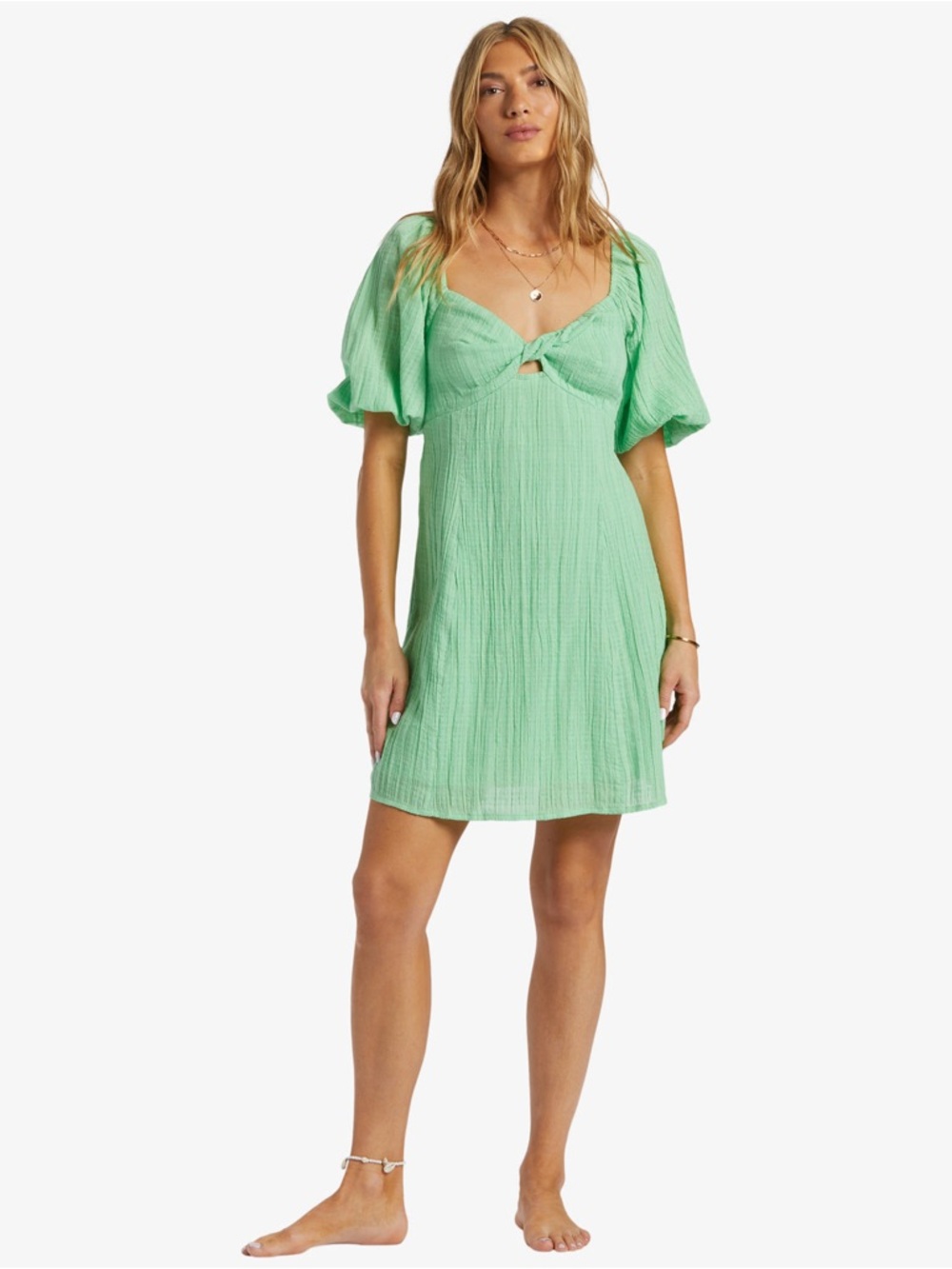 Billabong Sol Puff Sleeve Twist Front Green Mini Dress Fit & Flare – Small - Picture 4 of 10